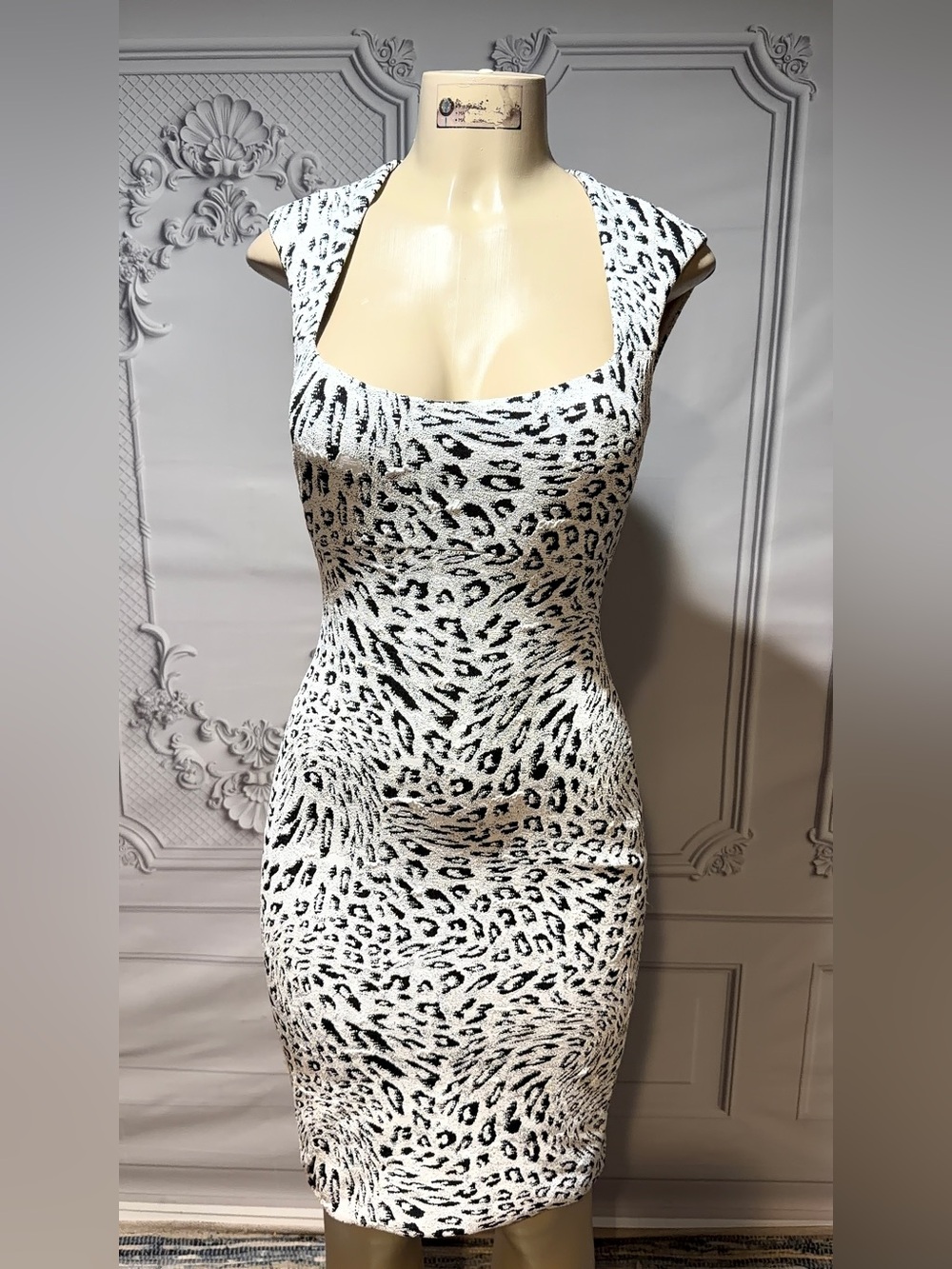 Cache White and Black Animal Print Midi Dress